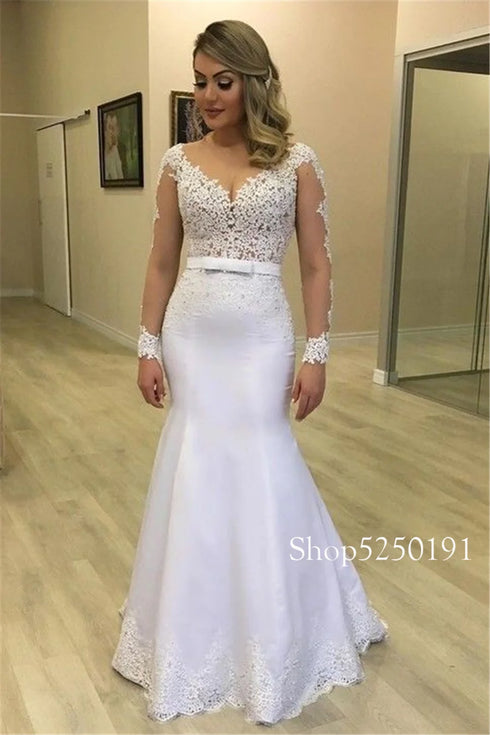 Sheer Long Sleeves Mermaid Wedding Dresses Custom Two Pieces Gowns